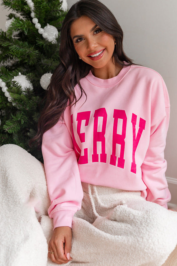 Pink MERRY Alphabet Print Loose Fit Christmas Sweatshirt