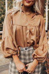 Brown Solid Color Lantern Sleeve Collared Boho Top