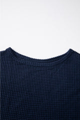 Navy Blue Waffle Knit Drop Shoulder Long Sleeve Top