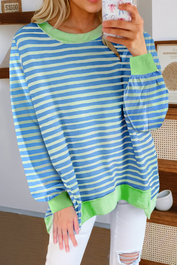 Sky Blue Stripe Contrast Trim High Low Tunic Sweatshirt