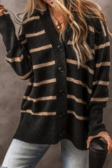 Black Stripe Buttoned V Neck Drop Shoulder Loose Cardigan