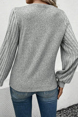 Light Grey Button Detail V Neck Ribbed Bishop Sleeve Top