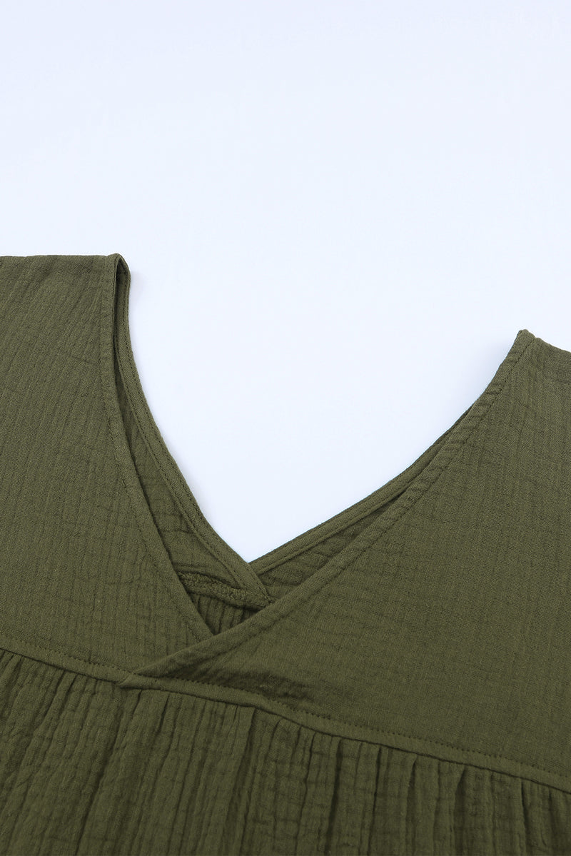 Green Solid Color Gauze Casual V Neck Top for Women