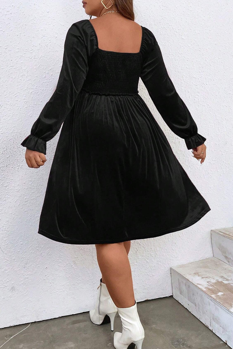 Black Velvet Flounce Sleeve Shirred Bodice Plus Size Babydoll Dress