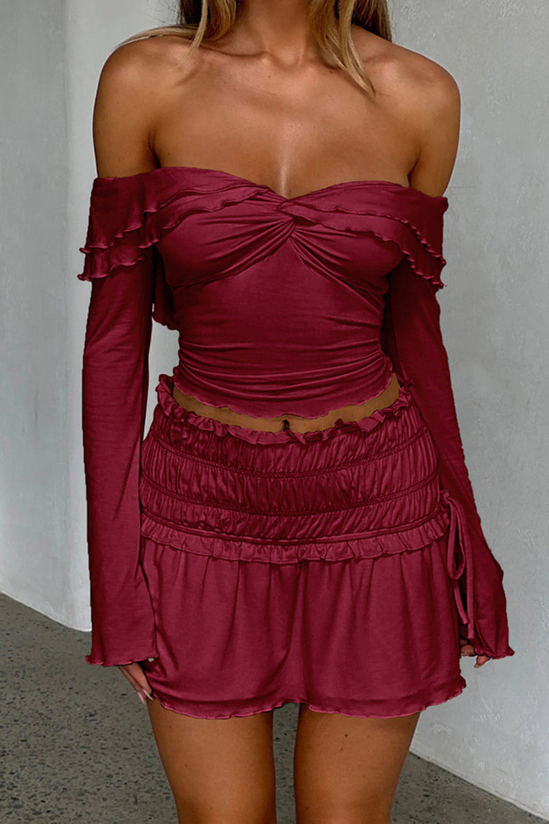 Burgundy Ruffle Off Shoulder Plain Twist Front Blouse