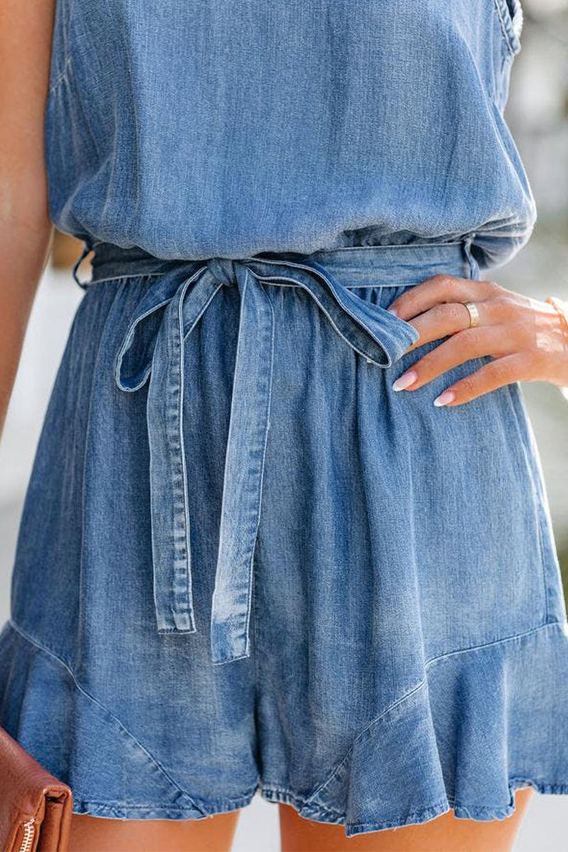 Ashleigh Blue Spaghetti Straps V Neck Belted Ruffle Hem Denim Romper