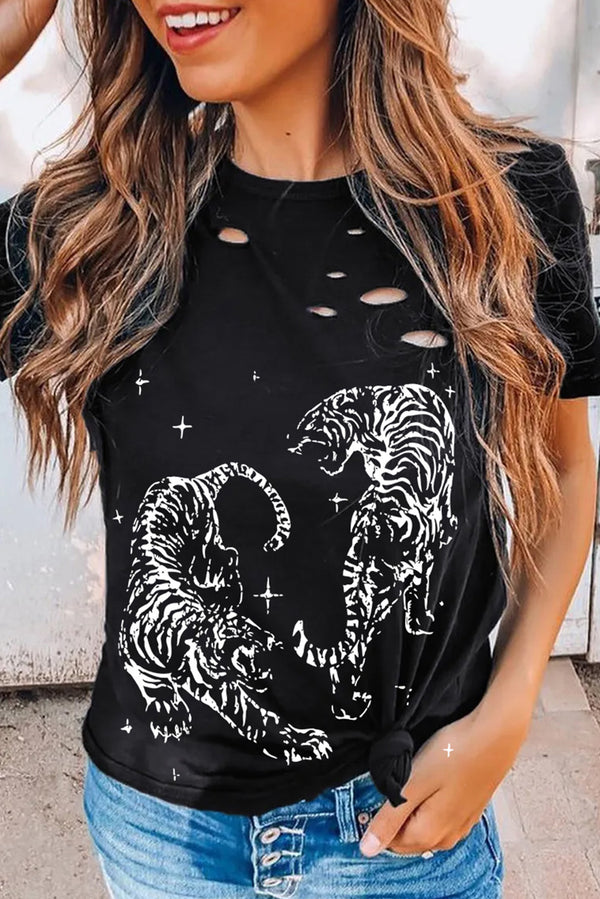 Black Tiger Graphic Cut Out Distressed O Neck T Shirt