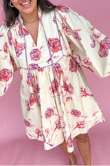 White Floral Print Balloon Sleeve Tie Neck Plus Size Mini Dress