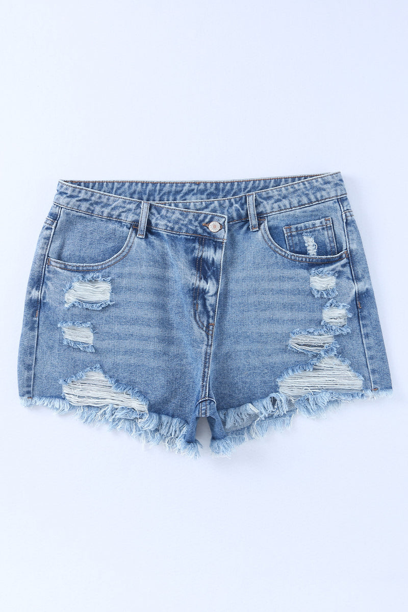 Sky Blue Crossover Waist High Rise Denim Shorts