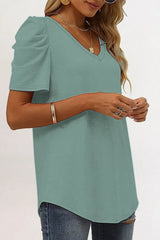 Green Solid Puff Sleeve Casual V Neck T-Shirt