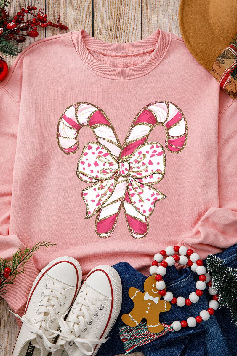 Pink Christmas Bow Candy Cane Graphic Drop Shoulder Crew Neck Sweatshirt