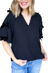 Black V Neck Bow Detail Puff Sleeve Blouse