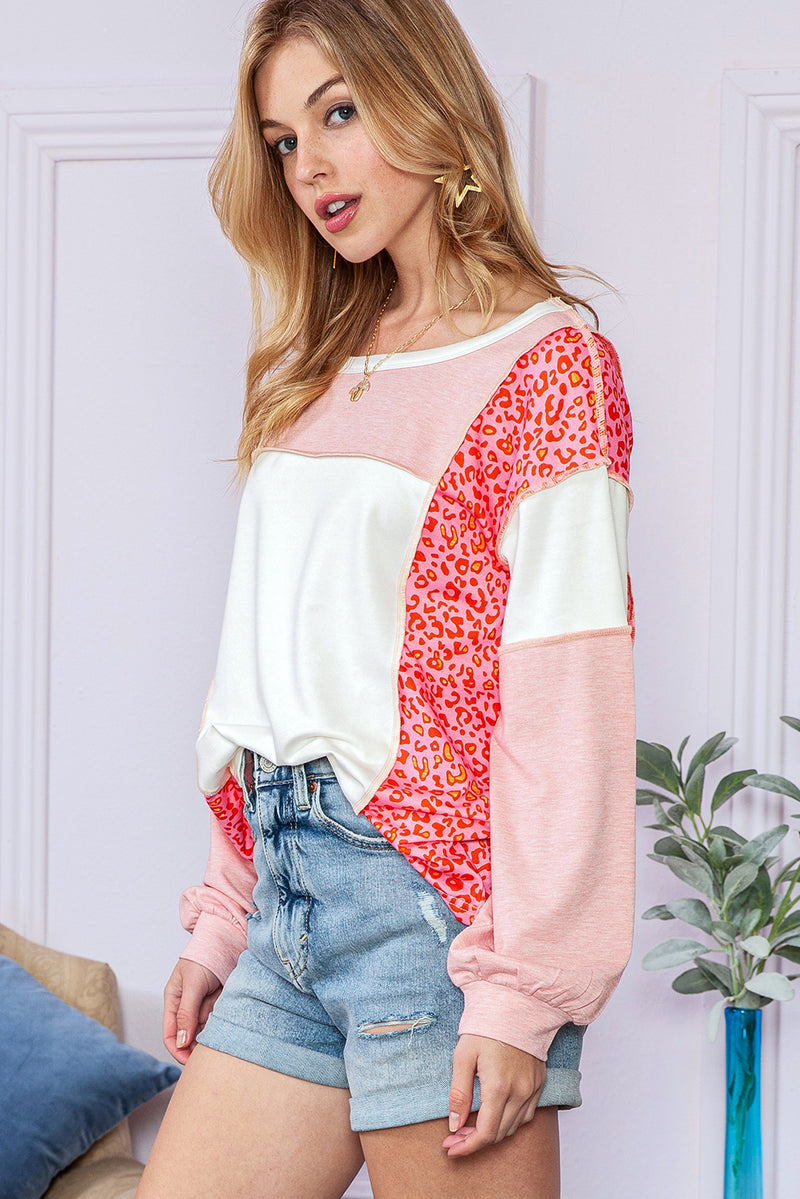 Peach Blossom Patchwork Long Sleeve Round Neck Top