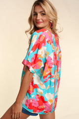 PLUS DROP SHOULDER DOLMAN BANDED FLORAL WOVEN TOP