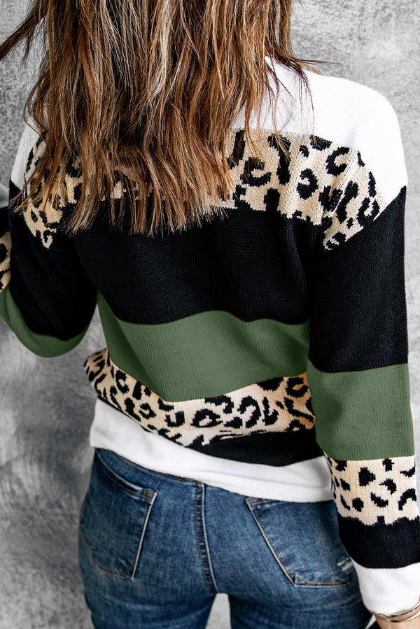 Green Leopard Color Block Casual Knit Pullover Sweater