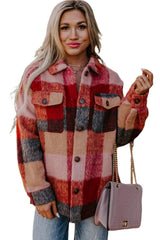 Orange Plaid Print Flap Pockets Buttoned Plus Size Jacket