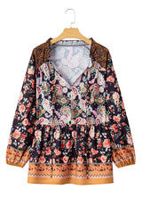 Black Plus Size Paisley Print V Neck Bubble Sleeve Blouse