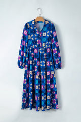 Blue Floral Peasant Sleeve Tiered Ruffle Midi Dress