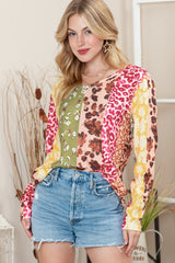 Multicolor Floral and Leopard Print Long Sleeve T Shirt