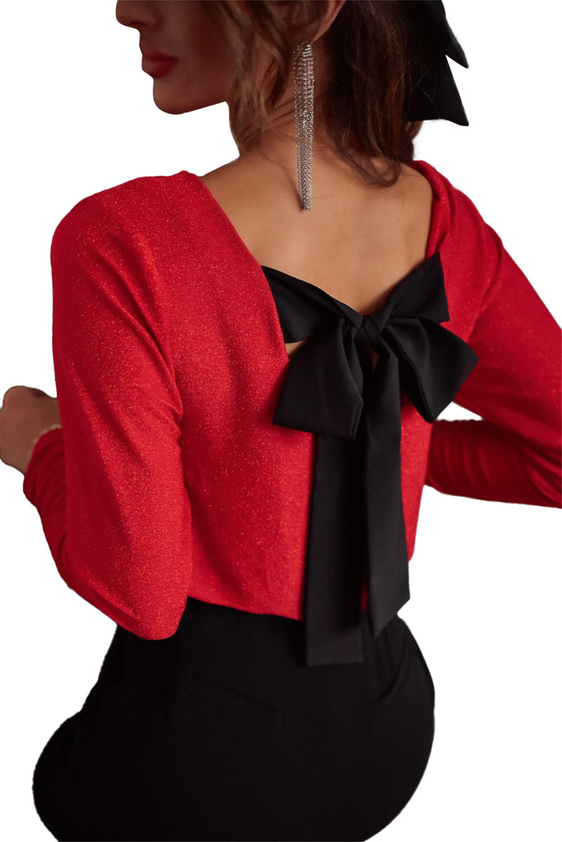 Racing Red Sweet Bowknot Backless V Neck Long Sleeve Top