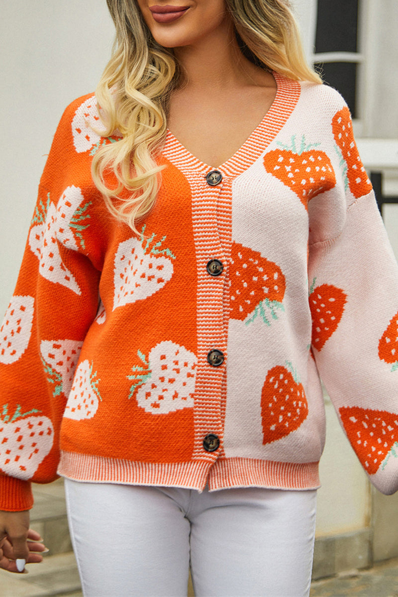 Orange Strawberry Print V-Neck Colorblock Cardigan