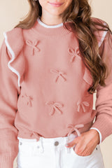 Light Pink Bow Detail Contrast Trim Ruffle Sweater