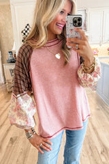 Fushia Floral Plaid Mixed Print Patchwork Raglan Ribbed Top