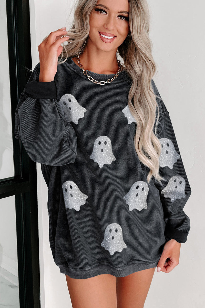 Black Halloween Ghost Corded Crew Neck Loose Sweatshirt