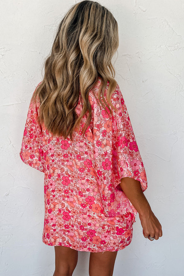 Pink Boho Floral Print V Neck Oversized Blouse