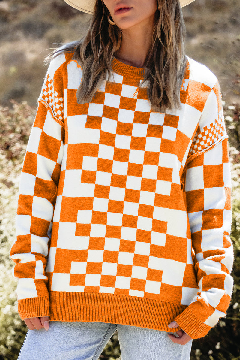 Carrot Checkered Drop Shoulder Round Neck Sweater