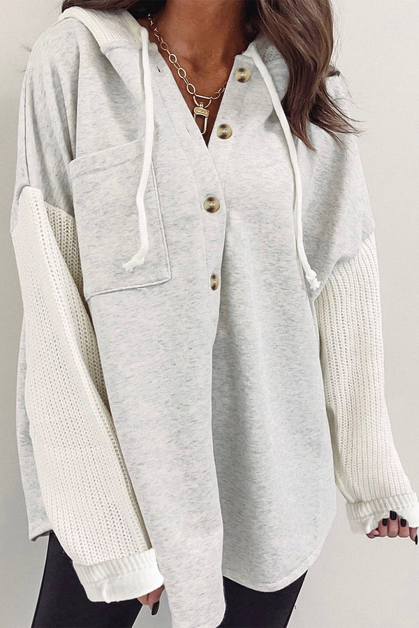 Gray Button Up Contrast Knitted Sleeves Hooded Jacket