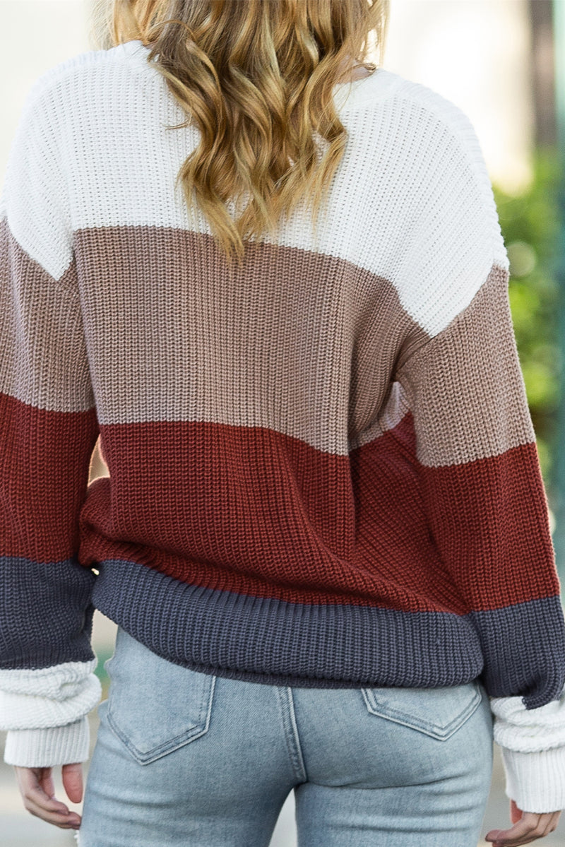 Red Color Block Casual Knit Pullover Sweater