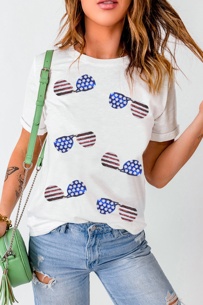 Wholesale White Flag Day Stripe Star Sunglasses Graphic Round Neck Tee