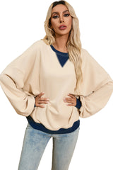 White Color Block Drop Shoulder Crewneck Oversized Sweatshirt