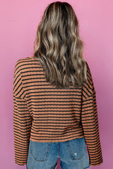 Brown Stripe Textured Long Sleeve Henley Top