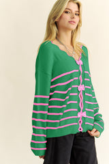 Green Stripe Sweet Bow Front Long Sleeve Cardigan