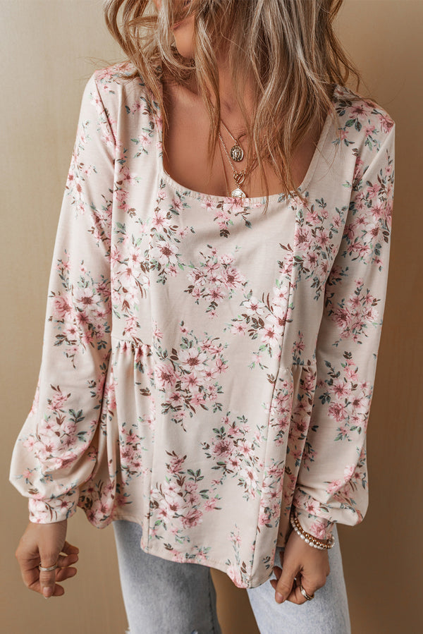 Pink Floral Print Pleated U Neck Loose Fit Blouse