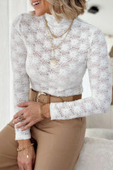 White Floral Lace High Neck Slim Fit Long Sleeve Top