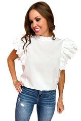 White Solid Color Scalloped Ruffle Sleeve Blouse