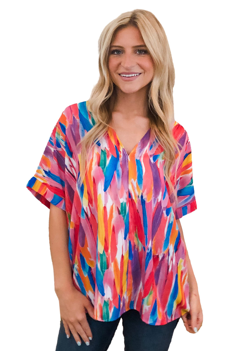 Multicolor Watercolor Abstract Print V Neck Blouse