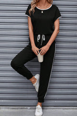 Black Contrast Trim Top & Drawstring Pants Set