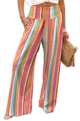 Multicolor Striped Smocked High Waisted Wide Leg Beach Pants