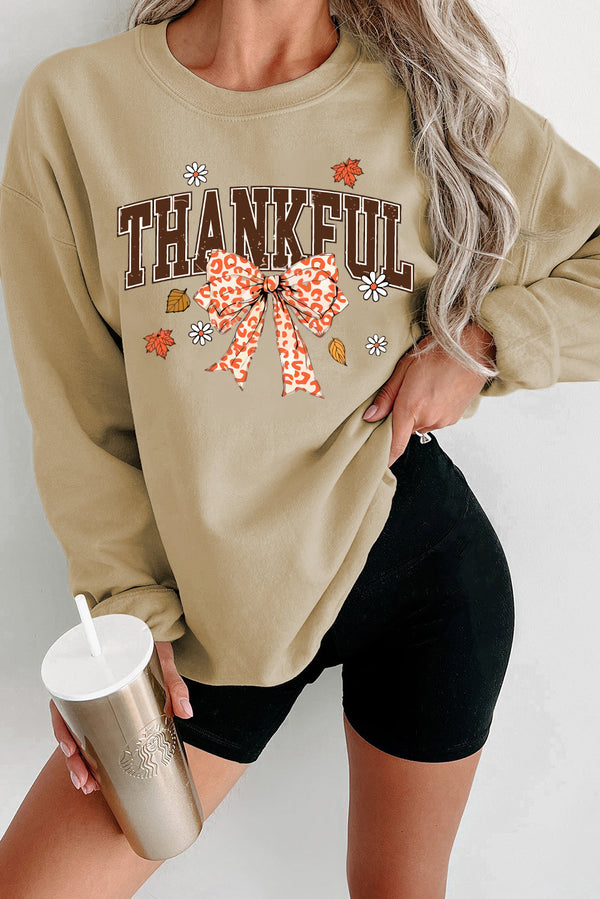 Parchment THANKFUL Leopard Bow Fall Vibe Graphic Sweatshirt