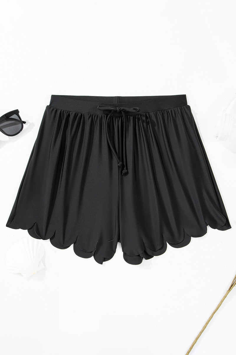 Black Scallop Trim Drawstring Beach Shorts