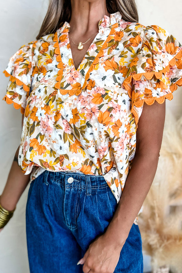 Russet Orange Floral Frill V-Neck Scallop Trim Boho Blouse