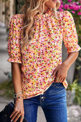 Orange Floral Boho Frill Mock Neck Blouse