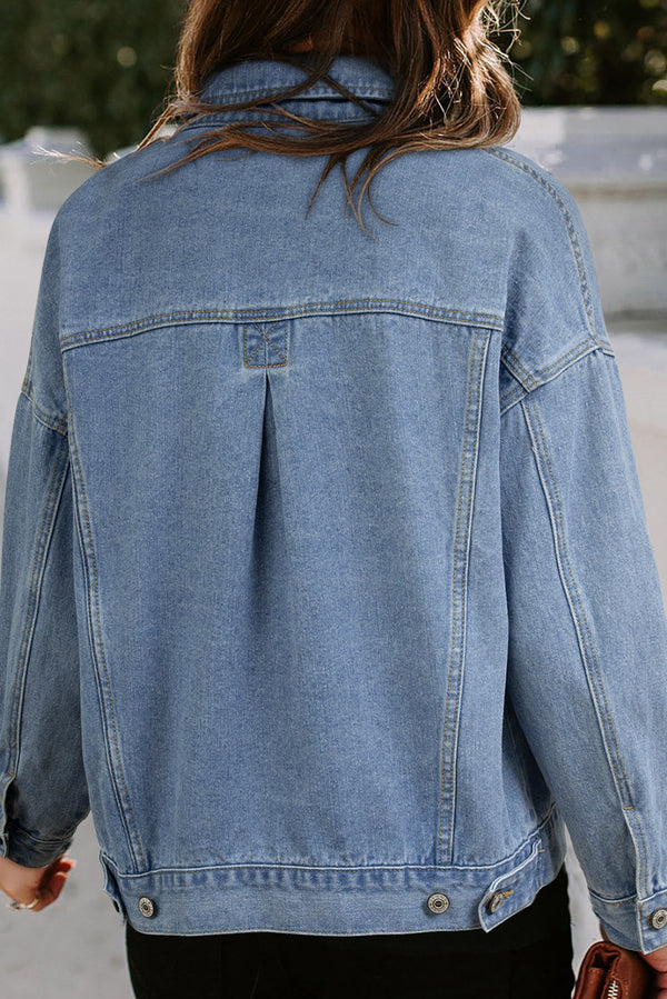 Sky Blue Stripe Washed Oversized Pocketed Denim Jacket