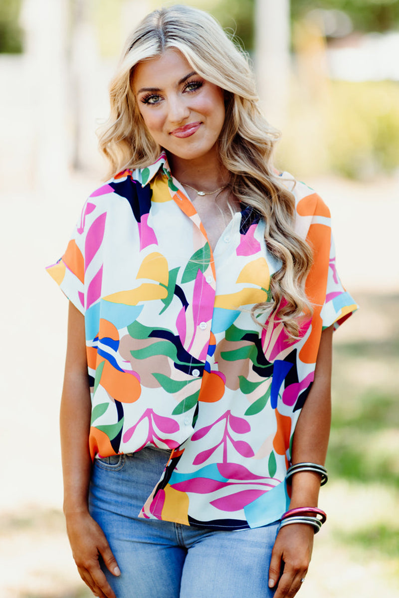 Multicolour Abstract Leaf Print Button Up Short Sleeve Blouse