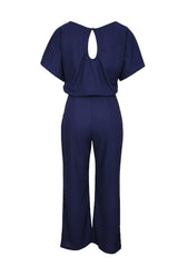 Dark Blue Solid Color Casual Belted Wide Leg Jumpsuit