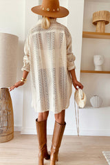 Beige Lace Crochet Collared Button Up Oversized Shirt